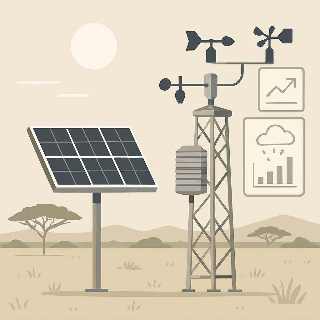 A desert landscape with a solar panel, weather vane, and weather tower featuring a rain gauge and anemometer.