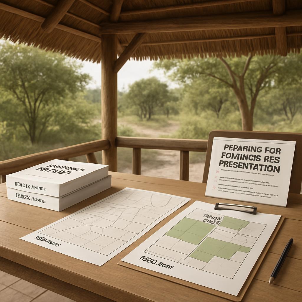 Presentation materials layed out on a wooden table by a porch overlooking a forest. The images are for a Fomincis Res pres...
