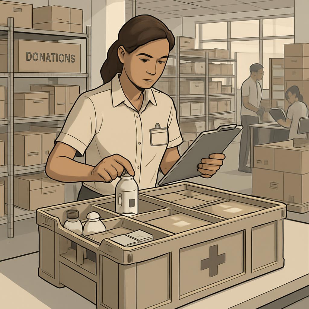 Illustration of two people packing items in a storage facility, with overflowing shelves labeled "DONATIONS".