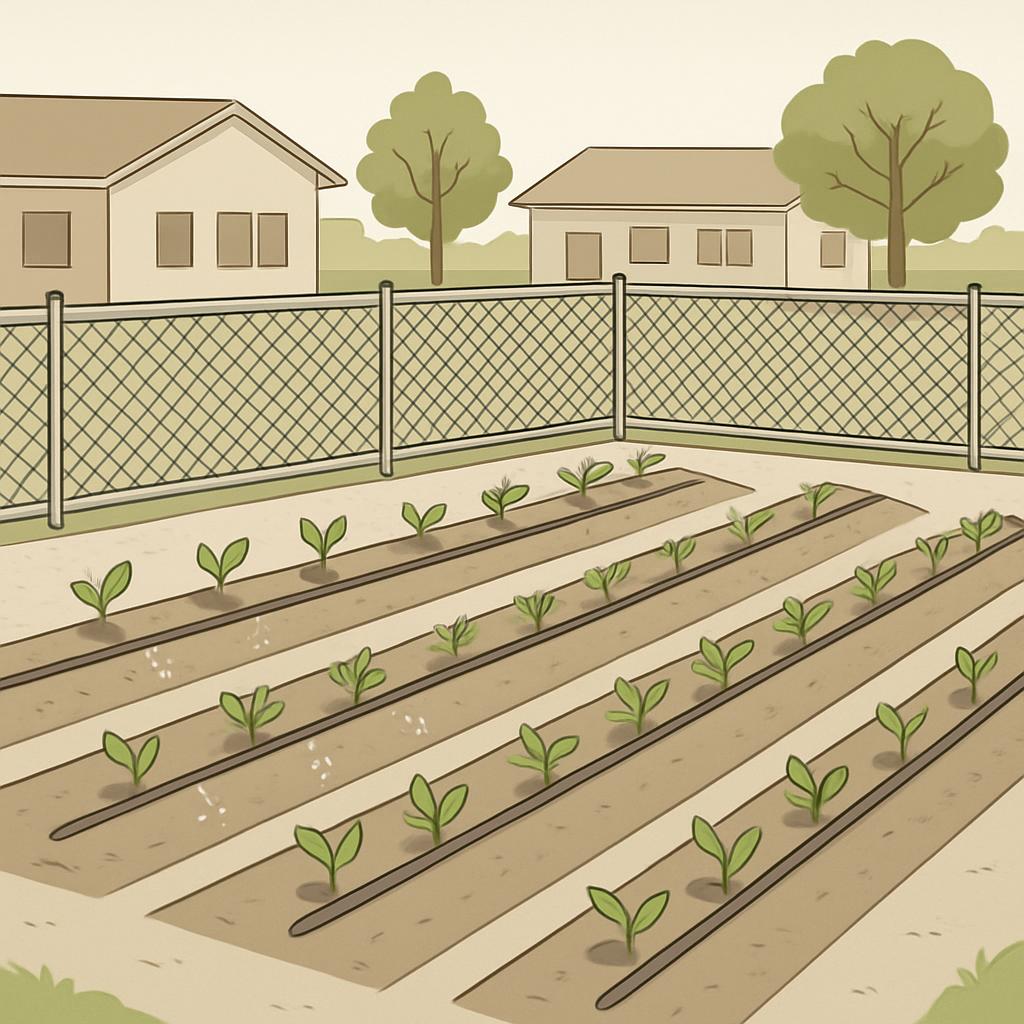 Garden with rows of plants in the soil, separated by wooden dowels, with a fence and houses in the background.