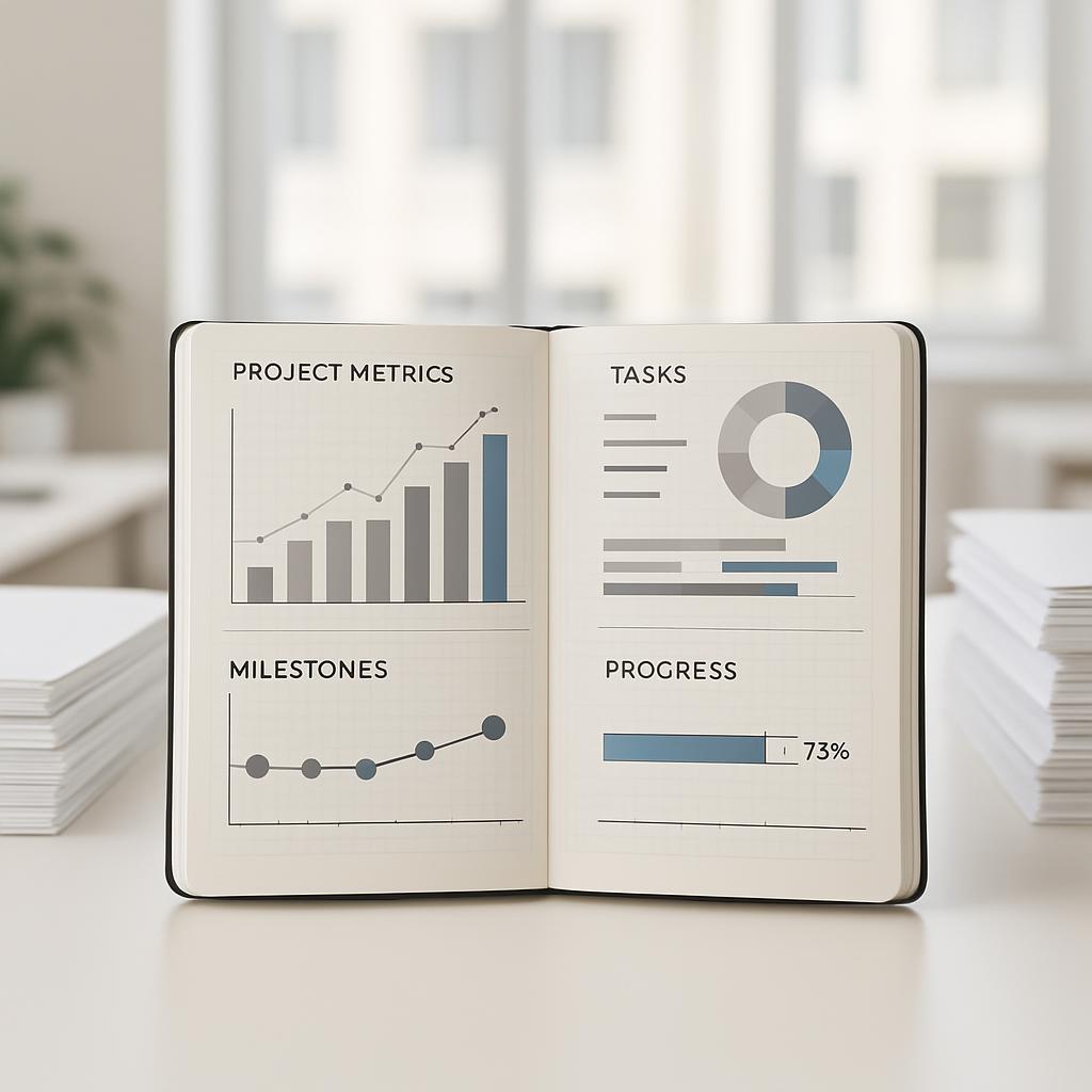 An open notebook displaying various project metrics and tasks, including a bar chart, pie chart, line graph, and progress ...