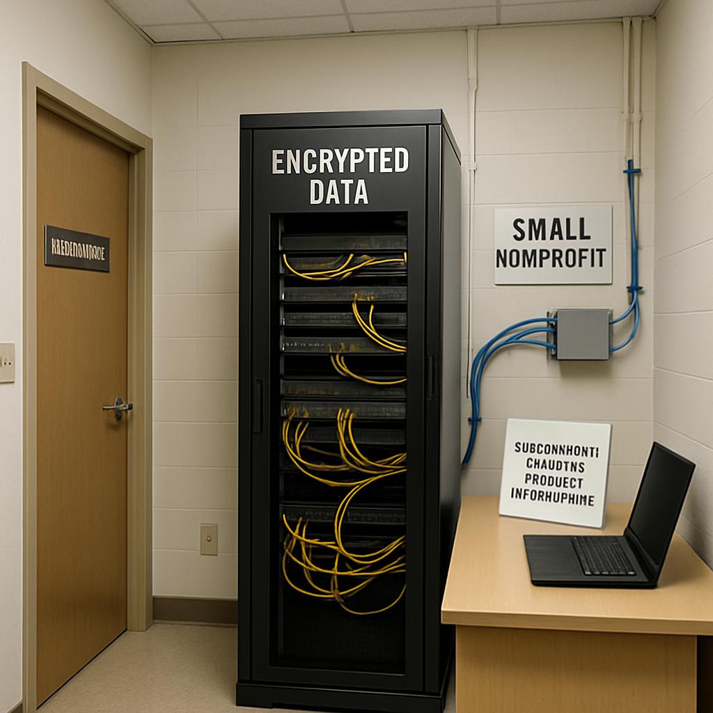 This image is of a server closet featuring wires and a door.